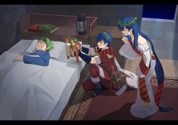 Rule 34 | 1girl, 2boys, bed, blue hair, book, boots, box, brother and sister, closed eyes, closed mouth, dress, earrings, elice (fire emblem), elice (winter) (fire emblem), finger to mouth, fingerless gloves, fire emblem, fire emblem: mystery of the emblem, fire emblem heroes, from side, fur trim, gift, gift box, gloves, green hair, highres, holding, indoors, jewelry, kyufe, long hair, long sleeves, marth (fire emblem), marth (winter) (fire emblem), merric (fire emblem), multiple boys, nintendo, on one knee, parted lips, pillow, short hair, short sleeves, shushing, siblings, sleeping, tiara