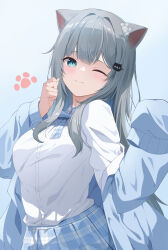Rule 34 | 1girl, ;), absurdres, blue cardigan, blue eyes, blue skirt, breasts, cardigan, cat girl, commentary request, grey hair, highres, indie virtual youtuber, large breasts, long hair, long sleeves, looking at viewer, nachoneko, off shoulder, one eye closed, open cardigan, open clothes, partial commentary, plaid, plaid skirt, shinshia (sinsia 0928), shirt, skirt, sleeves past fingers, sleeves past wrists, smile, virtual youtuber, white shirt