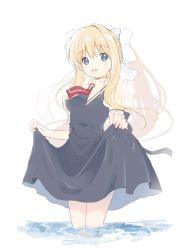 Rule 34 | 1girl, :d, air (visual novel), black dress, blonde hair, blue eyes, breasts, dress, hair ribbon, kamio misuzu, lifting own clothes, long hair, looking at viewer, necktie, open mouth, ponytail, puffy short sleeves, puffy sleeves, red necktie, ribbon, school uniform, short necktie, short sleeves, skirt hold, smile, solo, very long hair, wading, water, white background, zaki (negitorooic)