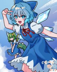 Rule 34 | 2girls, :d, ascot, blue bow, blue dress, blue eyes, blue hair, blue skirt, blue vest, blush, bow, bright pupils, cirno, cirno day, collared shirt, daiyousei, dress, fairy wings, frilled skirt, frills, frog, green hair, highres, ice, ice wings, kikeiju, medium hair, multiple girls, neck ribbon, open mouth, own hands together, pinafore dress, puffy short sleeves, puffy sleeves, red ribbon, ribbon, shirt, short hair, short sleeves, side ponytail, skirt, sleeveless, sleeveless dress, smile, touhou, twitter username, v, v over head, vest, watermark, white pupils, white shirt, wings, yellow ascot