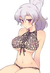 Rule 34 | 1girl, bad id, bad twitter id, bare shoulders, bikini, blush, breasts, front-tie top, hair between eyes, kusanagi tonbo, large breasts, long hair, navel, nipples, original, ponytail, purple eyes, revealing clothes, silver hair, simple background, sitting, solo, swimsuit, white background