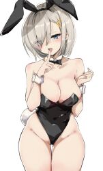 Rule 34 | 1girl, animal ears, bare legs, bare shoulders, black bow, black bowtie, black leotard, blue eyes, bow, bowtie, breasts, chigasaki yukari, cleavage, commentary request, commission, covered navel, detached collar, eyes visible through hair, finger to mouth, grey hair, hair ornament, hair over one eye, hairclip, hamakaze (kancolle), highleg, highleg leotard, highres, kantai collection, large breasts, leotard, playboy bunny, rabbit ears, rabbit tail, short hair, simple background, skeb commission, solo, strapless, strapless leotard, tail, white background, wrist cuffs