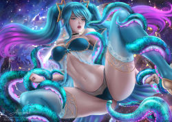 Rule 34 | 1girl, alexander dinh, aqua eyes, aqua hair, ass, bare shoulders, bikini, blue bikini, blue eyes, blue thighhighs, breasts, cameltoe, choker, detached sleeves, gradient hair, hair ornament, high heels, hip focus, large breasts, league of legends, lips, long hair, looking to the side, multicolored hair, nail polish, navel, parted lips, red lips, restrained, see-through, solo, sona (league of legends), space, spread legs, strapless, swimsuit, tentacles, thighhighs, thighs, twintails, very long hair