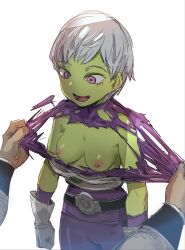Rule 34 | 1boy, 1girl, bodysuit, bow (bhp), breasts, broly (dragon ball super), cheelai, colored skin, dragon ball, dragon ball super, eyelashes, gloves, green skin, hetero, medium breasts, muscular, muscular male, nipples, open mouth, purple bodysuit, purple eyes, short hair, skin tight, surprised, sweat, torn clothes, undressing, white background, white gloves, white hair, you gonna get raped