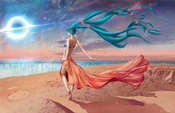 Rule 34 | 1girl, absurdly long hair, ankle ribbon, aqua hair, back, bad anatomy, bandeau, bare back, barefoot, black hole, cloud, crater, desert, earrings, facing away, floating hair, from behind, full body, hair ornament, hatsune miku, hayden mackenzie, haydenm, highres, horizon, interstellar (movie), jewelry, leg ribbon, legs, long hair, nape, ocean, outstretched arms, ribbon, sarong, shadow, signature, sky, solo, standing, standing on one leg, star (sky), star (symbol), star earrings, star hair ornament, starry sky, strapless, sunlight, surreal, tiptoes, twintails, very long hair, vocaloid, water, waterfall, waterfall hole, wind, wind lift
