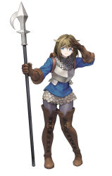 Rule 34 | 1girl, armor, blue eyes, boots, breastplate, brown footwear, brown hair, chainmail, chloe (unicorn overlord), full body, grey leggings, holding, holding polearm, holding weapon, leggings, noma takafumi, official art, polearm, short hair, standing, thigh boots, third-party source, unicorn overlord, weapon