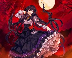 Rule 34 | 1girl, black bow, black hair, blunt bangs, bow, breasts, building, castle, dress, flower, frilled dress, frilled sleeves, frills, full moon, gem, hand up, highres, komota (kanyou shoujo), long hair, long sleeves, looking at viewer, moon, multicolored clothes, multicolored dress, open mouth, original, outdoors, purple flower, purple rose, red background, red eyes, red flower, red rose, rose, small breasts, solo, standing, teeth, tree, vampire, wall, white flower, white rose