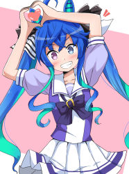 Rule 34 | 1girl, @ @, ahoge, aikawa ryou, animal ears, arms up, black bow, blue eyes, blue hair, blue shirt, blush, bow, commentary request, green hair, grin, hair bow, heart, heart hands, heterochromia, highres, horse ears, leaning to the side, multicolored hair, notice lines, pink background, pleated skirt, puffy short sleeves, puffy sleeves, purple bow, purple eyes, school uniform, shirt, short sleeves, skirt, smile, solo, tracen school uniform, twin turbo (umamusume), twintails, two-tone background, two-tone hair, umamusume, white background, white skirt