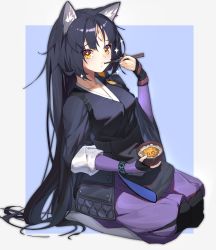 Rule 34 | 1girl, absurdres, animal ears, arknights, armor, black gloves, black hair, black kimono, blue background, blush, border, bowl, bracelet, closed eyes, dog ears, eating, facial mark, fingerless gloves, food, food on face, forehead mark, full body, gloves, highres, holding, holding bowl, infection monitor (arknights), japanese clothes, jewelry, kimono, knee pads, long hair, long sleeves, looking at viewer, mo ying yu, outside border, pants, parted bangs, purple pants, saga (arknights), seiza, simple background, single glove, sitting, solo, sparkle, very long hair, white border, white legwear