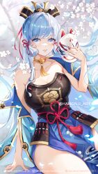 Rule 34 | 1girl, armor, ayaka (genshin impact), bare shoulders, blue eyes, blue hair, blue skirt, breastplate, breasts, choker, cleavage, commentary request, genshin impact, hamonji, highres, holding, holding mask, large breasts, long hair, looking at viewer, mask, off shoulder, open clothes, parted lips, skirt, solo, strapless, very long hair, yellow choker