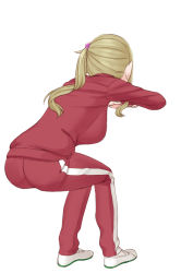 Rule 34 | 10s, 1girl, breasts, easy (aqk7bdqt), facing away, full body, hair bobbles, hair ornament, inuyama aoi, invisible chair, jacket, large breasts, long hair, long sleeves, pants, red jacket, red pants, side ponytail, simple background, sitting, solo, track jacket, track suit, white background, white footwear, yurucamp