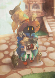 Rule 34 | animal, animal focus, black cat, black eyes, black mage (final fantasy), brick road, cat, commentary, english commentary, final fantasy, final fantasy ix, full body, gloves, green eyes, hat, holding, holding animal, holding cat, house, junkdoesart, long sleeves, pants, solid oval eyes, stairs, standing, striped clothes, striped pants, too many, too many cats, vertical-striped clothes, vertical-striped pants, vivi ornitier, white cat, witch hat, yellow eyes