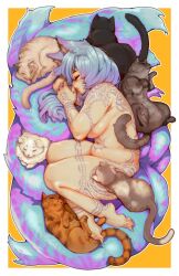 Rule 34 | 1girl, animal ears, animal hands, blue hair, blue tail, border, breasts, cat, cat paws, closed eyes, commentary, completely nude, fingernails, from side, full body, highres, large breasts, long fingernails, lying, medium hair, navel, niandni, nude, on back, on side, original, outline, parted lips, plump, symbol-only commentary, tail, tattoo, thick arms, thick thighs, thighs, white border, white outline, yellow background