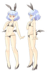 Rule 34 | 1girl, alternate costume, alternate footwear, animal ears, arnest, bare arms, bare legs, bare shoulders, bat wings, bikini, black bikini, black footwear, black hairband, black tail, black wings, blue hair, bright pupils, closed mouth, collarbone, fake animal ears, fake tail, fang, flat chest, from side, frown, full body, furrowed brow, gluteal fold, groin, hairband, hand up, high heels, highres, legs, legs apart, light blue hair, light blush, long legs, looking ahead, looking at viewer, low wings, lowleg, lowleg bikini, multiple views, navel, no headwear, no socks, open hand, pigeon-toed, profile, pumps, rabbit ears, rabbit tail, red eyes, remilia scarlet, shiny clothes, shiny footwear, shiny skin, shoes, short hair, simple background, skin fang, slit pupils, standing, stomach, string bikini, swimsuit, tail, touhou, wavy hair, white background, white pupils, wings, wrist extended