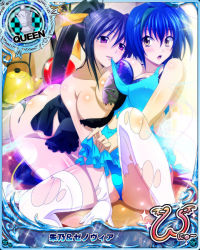 Rule 34 | 2girls, breast press, breasts, card (medium), character name, chess piece, cleavage, hair between eyes, high school dxd, high school dxd new, himejima akeno, large breasts, long hair, multiple girls, official art, queen (chess), sitting, symmetrical docking, thighhighs, torn clothes, trading card, very long hair, xenovia quarta