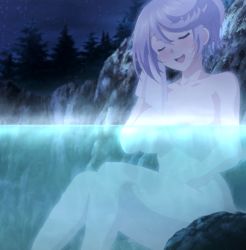 Rule 34 | 10s, 1girl, bikini warriors, breasts, closed eyes, female focus, highres, large breasts, mage (bikini warriors), night, nude, sitting, sky, smile, solo, stitched, third-party edit, underwater, vase, water