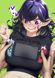 Rule 34 | 1boy, 1girl, alternate breast size, black nails, black shirt, blueorca, blush, breasts, creatures (company), drooling, english text, game freak, green background, hairband, hands up, hex maniac (pokemon), highres, large breasts, long hair, nail polish, navel, nintendo, nintendo switch, pointy ears, pokemon, pokemon xy, purple eyes, purple hair, purple hairband, shirt, smile, stomach, sweat, upper body