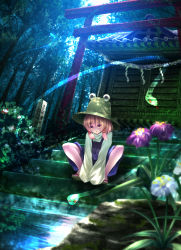 Rule 34 | 1girl, blonde hair, bow, dress, flower, forest, hair bow, hat, highres, long sleeves, looking at viewer, md5 mismatch, moriya suwako, nature, purple dress, rope, ryosios, shimenawa, shirt, shrine, snake, solo, squatting, stairs, torii, touhou, wide sleeves, yellow eyes