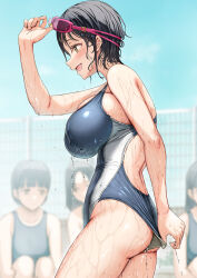 Rule 34 | 4girls, :d, adjusting clothes, asahina hikage, backless outfit, black hair, blue one-piece swimsuit, blue sky, blunt bangs, blush, breasts, brown eyes, clothes pull, commentary request, competition swimsuit, curvy, day, fence, goggles, goggles on head, highleg, highleg swimsuit, highres, large breasts, long hair, multiple girls, one-piece swimsuit, one-piece swimsuit pull, open mouth, original, outdoors, short hair, sideboob, sitting, skindentation, sky, smile, solo, solo focus, standing, swimsuit, wet