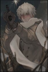 1boy absurdres artist_name axis_powers_hetalia black_border black_gloves black_sky border buttons closed_mouth coat commentary_request cowboy_shot gloves grey_coat gun hair_between_eyes half-closed_eyes handgun hands_up highres holding holding_gun holding_weapon long_sleeves looking_at_viewer male_focus minatsunen night night_sky outdoors purple_eyes russia_(hetalia) scarf short_hair sky smile solo standing star_(sky) weapon weeds white_hair white_scarf