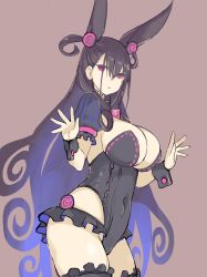 Rule 34 | 1girl, animal ears, bad id, bad twitter id, bakutendou, black hair, black leotard, black thighhighs, breasts, brooch, brown background, cleavage, commentary, covered navel, cowboy shot, fake animal ears, fate/grand order, fate (series), frills, hair between eyes, hair ornament, hands up, highres, jewelry, large breasts, leotard, long hair, looking at viewer, murasaki shikibu (fate), parted lips, playboy bunny, purple eyes, rabbit ears, shrug (clothing), simple background, solo, standing, striped, thighhighs, thighs, two side up, very long hair, wrist cuffs