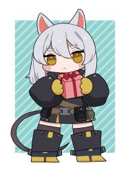 Rule 34 | 1girl, animal ears, arknights, black dress, black footwear, black thighhighs, boots, box, brown eyes, brown gloves, chibi, closed mouth, diagonal stripes, dress, full body, gift, gift box, gloves, grey hair, hair between eyes, highres, holding, holding gift, long hair, long sleeves, looking at viewer, mole, mole under mouth, puffy long sleeves, puffy sleeves, scavenger (arknights), short eyebrows, solo, someyaya, striped, striped background, tail, thick eyebrows, thighhighs, thighhighs under boots