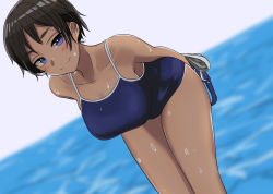 Rule 34 | 1girl, bare shoulders, black hair, blurry, blurry background, blush, breasts, dark-skinned female, dark skin, feet out of frame, goggles, highres, large breasts, leaning forward, looking at viewer, one-piece swimsuit, original, school swimsuit, short hair, smile, split mouth, standing, swim cap, swimsuit, thick eyebrows, tonari no kishida