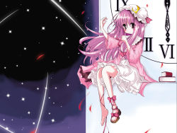 Rule 34 | 1girl, blush, book, bow, catbell, clock, clock tower, crescent, crescent hair ornament, dress, female focus, hair bow, hair ornament, hat, long hair, long sleeves, looking at viewer, mob cap, patchouli knowledge, pink bow, purple eyes, purple hair, sandals, shoes, single shoe, sitting, skirt, sky, solo, star (sky), starry sky, touhou, tower
