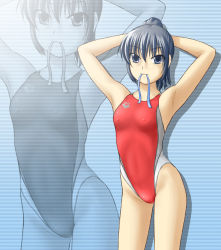 Rule 34 | competition swimsuit, covered erect nipples, flat chest, grey eyes, long hair, one-piece swimsuit, ponytail, silver hair, solo, swimsuit, tk4, zoom layer