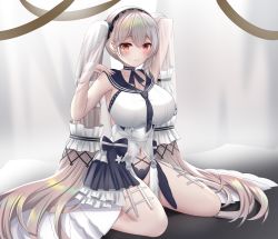 Rule 34 | 1girl, arm behind head, arms up, azur lane, bare shoulders, black choker, black neckerchief, black sailor collar, blush, bow, breasts, choker, cleavage, clothing cutout, collarbone, commentary, dress, dress bow, feather dress, formidable (azur lane), formidable (timeless classics) (azur lane), full body, grey hair, hair between eyes, hair ornament, hair ribbon, highres, large breasts, long hair, looking at viewer, navel, navel cutout, neckerchief, official alternate costume, red eyes, ribbon, sailor collar, sidelocks, sitting, smile, solo, togare, twintails, two-tone dress, two-tone ribbon, veil, very long hair, wariza, white dress