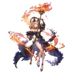 Rule 34 | 1girl, ahoge, alpha transparency, animal ears, between breasts, black dress, black footwear, breasts, brown hair, cleavage, dress, fire, full body, granblue fantasy, hair ornament, hekate (granblue fantasy), high heels, large breasts, looking at viewer, medium hair, minaba hideo, official art, open mouth, polearm, red eyes, spear, staff, transparent background, weapon