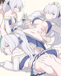 Rule 34 | 1boy, 1girl, anastasia (fate), anastasia (swimsuit archer) (fate), anastasia (swimsuit archer) (third ascension) (fate), ass, ass grab, bare shoulders, bikini, blue bikini, blue eyes, blue skirt, blush, bow, breasts, cleavage, collarbone, fate/grand order, fate (series), fujimaru ritsuka (male), hair bow, hair over one eye, hairband, jewelry, large breasts, long hair, long sleeves, looking at viewer, lotion, lying, massage, miniskirt, multiple views, necklace, on stomach, one eye closed, open mouth, ponytail, puffy long sleeves, puffy sleeves, shiseki hirame, silver hair, skirt, smile, sunscreen, swimsuit, thighs, translation request, very long hair
