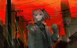 Rule 34 | 1girl, a.i. voice, absurdres, adachi rei, arm at side, belt, black shirt, building, chinese commentary, city, closed mouth, commentary request, expressionless, floating hair, gloves, grey gloves, grey jacket, hair ornament, hair ribbon, hairclip, hand up, headlamp, headset, highres, holding, hood, hood down, hooded jacket, jacket, light brown hair, long sleeves, looking up, microphone, multicolored hair, netsu ijou (utau), one side up, open clothes, open jacket, orange belt, outdoors, pale skin, power lines, radio antenna, red eyes, red hair, red sky, ribbon, shirt, sky, solo, sound wave, turtleneck, upper body, utau, utility pole, y4 ran se ti