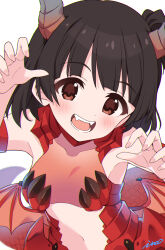 Rule 34 | 1girl, armpits, bare shoulders, black hair, blunt bangs, blush, breasts, brown eyes, claw pose, claws, collarbone, dot nose, dragon horns, dragon wings, fangs, hands up, highres, horns, idolmaster, idolmaster million live!, idolmaster million live! theater days, ima (lm ew), lizard tail, looking at viewer, low wings, monster girl, nakatani iku, navel, official alternate costume, open mouth, red scales, short hair, sidelocks, simple background, small breasts, smlltb, solo, straight hair, tail, teeth, upper body, white background, wings