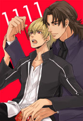 Rule 34 | 2boys, blonde hair, brown eyes, brown hair, casual, fate/stay night, fate (series), food, gilgamesh (fate), kotomine kirei, male focus, multiple boys, official alternate costume, pink background, pocky, pocky day, red eyes, simple background, sng