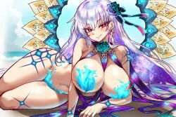 Rule 34 | 1girl, absurdres, beach, blue fire, body markings, bracelet, breasts, cloud, cloudy sky, earrings, ebora, fate/grand order, fate (series), fire, flower, hair flower, hair ornament, highres, jewelry, kama (fate), kama (swimsuit avenger) (fate), kama (swimsuit avenger) (third ascension) (fate), large breasts, lotus, lying, multicolored hair, navel, on side, red eyes, revealing clothes, sky, smile, solo, star (symbol), star earrings, starry hair, two-tone hair