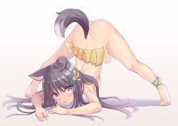 Rule 34 | 1girl, animal ear fluff, animal ears, ankle ribbon, ass, barefoot, blush, breasts, dog ears, dog girl, dog tail, eyes visible through hair, feather hair ornament, feet, female focus, flower, gradient background, gradient hair, green ribbon, hair flower, hair ornament, hair ribbon, jack-o&#039; challenge, leg ribbon, long hair, looking at viewer, multicolored hair, no panties, open mouth, original, purple eyes, purple flower, purple hair, ribbon, sarong, shiny skin, sidelocks, simple background, small breasts, solo, spread legs, tail, tenjou ryuka, top-down bottom-up, topless, white background, white flower, yellow sarong