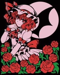 Rule 34 | 1girl, ascot, bat wings, black background, brooch, dress, flower, frilled dress, frills, full moon, hat, hat ribbon, highres, jewelry, looking at viewer, macaroni and cheese (artist), mob cap, moon, puffy sleeves, red eyes, red flower, red hair, red moon, red rose, red theme, remilia scarlet, ribbon, rose, short hair, short sleeves, smile, solo, thorns, touhou, wings