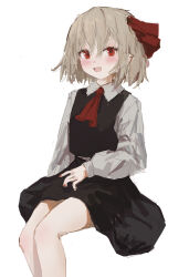 Rule 34 | 1girl, absurdres, ascot, bare legs, black vest, blonde hair, blush, bow, hair bow, hair ribbon, highres, looking at viewer, open mouth, red eyes, reddizen, ribbon, rumia, sharp teeth, shirt, short hair, simple background, skirt, skirt set, solo, teeth, touhou, vest, white background