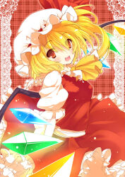 Rule 34 | 1girl, ascot, blonde hair, commentary request, crystal, flandre scarlet, hat, hat ribbon, highres, long hair, looking at viewer, mob cap, multicolored wings, open mouth, puffy short sleeves, puffy sleeves, red eyes, red skirt, red vest, ribbon, short sleeves, side ponytail, skirt, skirt set, smile, solo, sukuna (artist), touhou, vest, white hat, wings, yellow ascot
