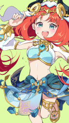 1girl anklet aqua_eyes black_horns blue_brooch blue_nails blue_skirt brooch cashew_0_dgren commentary cowboy_shot crop_top genshin_impact gold_trim green_background hand_up harem_outfit highres horns jewelry light_blush long_hair looking_at_viewer low_twintails midriff navel nilou_(genshin_impact) open_mouth red_hair sandals simple_background skirt smile solo standing standing_on_one_leg sweat teeth twintails upper_teeth_only veil white_veil