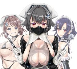 Rule 34 | 3girls, ahoge, alternate costume, artist name, ball gag, bandana, black gloves, black hair, blush, braid, breasts, brown hair, chougei (kancolle), dated, elbow gloves, enmaided, gag, gagged, gloves, grey eyes, grin, hair between eyes, hair flaps, hair ornament, hair rings, hairclip, holding, jingei (kancolle), kantai collection, large breasts, long hair, low ponytail, low twintails, maid, maid headdress, mask, mouth mask, multiple girls, open mouth, purple hair, red eyes, see-through, signature, simple background, single hair intake, smile, taigei (kancolle), tk8d32, twin braids, twintails, upper body, whale hair ornament, white background, white gloves