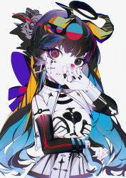 Rule 34 | 1girl, absurdres, bandaid, bandaid on face, bandaid on nose, black hair, black halo, black nails, blonde hair, blood, blue hair, bridal gauntlets, brown eyes, colored skin, cropped jacket, dark halo, halo, hand on own face, hello (706898515), heterochromia, highres, horns, huge filesize, long hair, multicolored hair, nail polish, original, pink hair, red eyes, simple background, solo, stitched mouth, stitches, symbol in eye, upper body, white background, white skin
