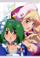 Rule 34 | 00s, 2girls, absurdres, alternate costume, blonde hair, blue eyes, breasts, christmas, cleavage, ebata risa, fingernails, green hair, hairband, hat, highres, jewelry, large breasts, lips, macross, macross frontier, multiple girls, nail polish, necklace, pink nails, ranka lee, red eyes, ring, scan, sheryl nome