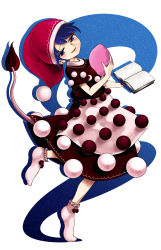 Rule 34 | 1girl, blue eyes, blue hair, blush, book, doremy sweet, dress, full body, harusame (unmei no ikasumi), hat, highres, looking at viewer, looking to the side, matching hair/eyes, nightcap, parted lips, pom pom (clothes), short hair, short sleeves, simple background, skirt, smile, socks, solo, tail, tapir tail, touhou, white background