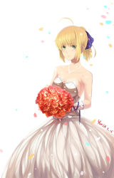 Rule 34 | 1girl, absurdres, ahoge, alternate costume, artist name, artoria pendragon (all), artoria pendragon (fate), bare arms, bare shoulders, blonde hair, blue ribbon, blush, bouquet, breasts, cleavage, collarbone, dated, dress, elbow gloves, fate/stay night, fate (series), female focus, flower, gloves, green eyes, hair ribbon, highres, holding, holding flower, jewelry, long dress, looking at viewer, neck, necklace, ponytail, red flower, red rose, ribbon, rose, saber (fate), short hair, sideboob, smile, solo, strapless, strapless dress, white background, white dress, yurix