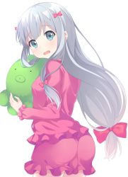 Rule 34 | 1girl, ass, blush, bow, eromanga sensei, from behind, hair bow, holding, izumi sagiri, long hair, looking at viewer, looking back, low-tied long hair, maccha, open mouth, pajamas, pink bow, simple background, solo, stuffed animal, stuffed octopus, stuffed toy, tareme, thighs, white background