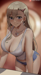 Rule 34 | 1girl, bare shoulders, blurry, blurry background, breasts, commentary, dolphin shorts, eden&#039;s zero, hair between eyes, hair ornament, hairclip, heart, heart print, highres, jewelry, large breasts, leaning forward, long hair, looking at viewer, patreon logo, patreon username, rebecca bluegarden, shexyo, short shorts, shorts, solo, tank top, thighs, watermark, web address, white tank top