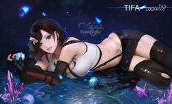 Rule 34 | 1girl, arm guards, black hair, black skirt, black thighhighs, breasts, brown hair, cleavage, crystal, final fantasy, final fantasy vii, final fantasy vii remake, fingerless gloves, gloves, long hair, looking at viewer, low-tied long hair, lying, materia, navel, on side, panties, pinup (style), pleated skirt, skindentation, skirt, solo, square enix, stomach, suspenders, teemu taiga, thighhighs, thong, tifa lockhart, torn clothes, torn thighhighs, underwear, water