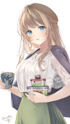 Rule 34 | 1girl, blonde hair, blue eyes, blush, braid, cup, green skirt, grey jacket, highres, holding, holding cup, jacket, lace, long hair, looking at viewer, lunchbox, open mouth, original, puracotte, shirt, short sleeves, simple background, skirt, smile, solo, standing, teacup, white background, white shirt